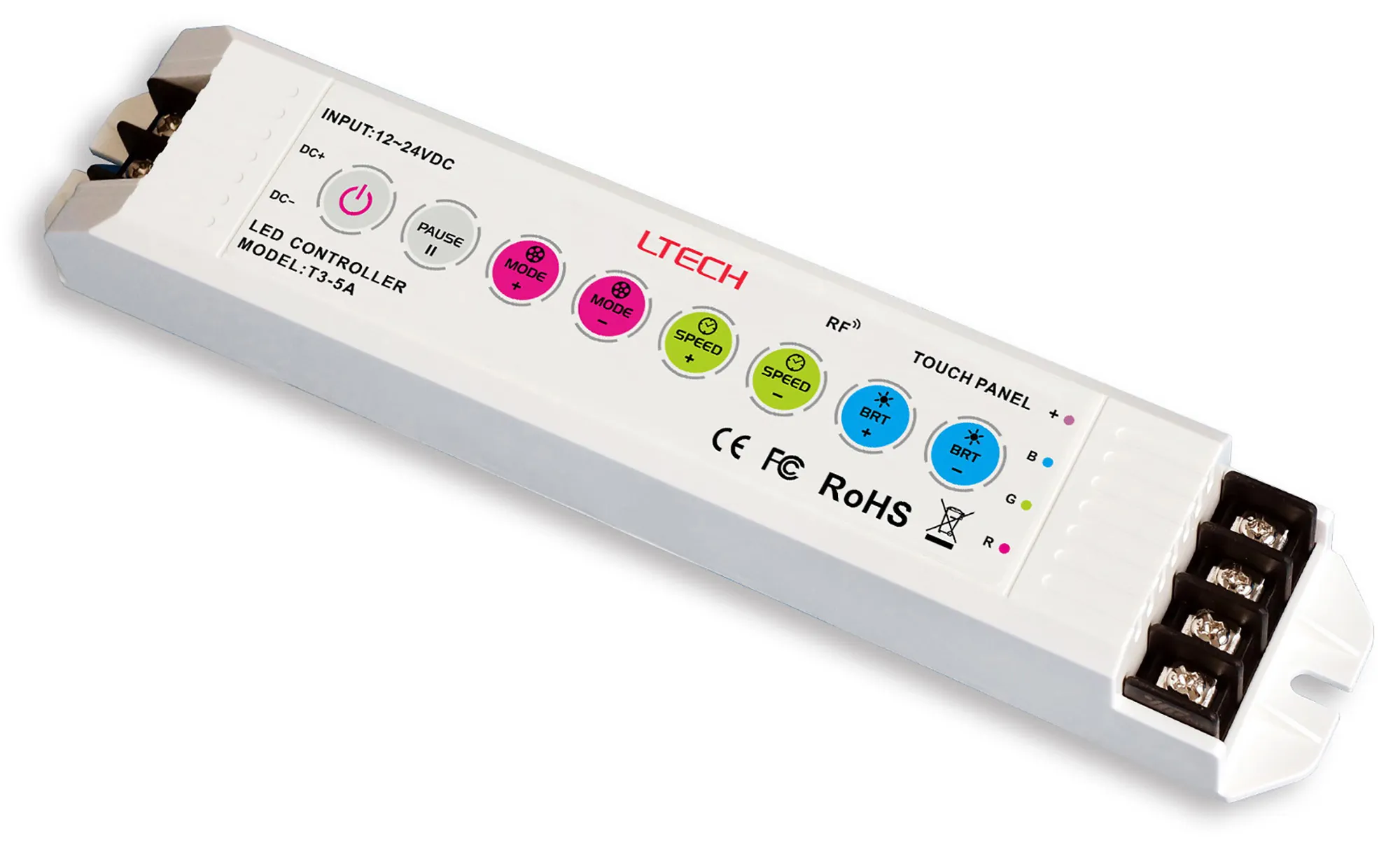 T3-5A  CV 2.4GHz RF Wireless Receiver 12/24V DC,180/360W, 5Ax3CH, 30m range, IP20.